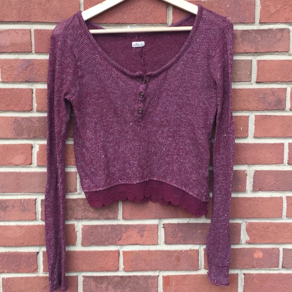 LN HOLLISTER Burgundy Henley Sweater Lace Bottom S